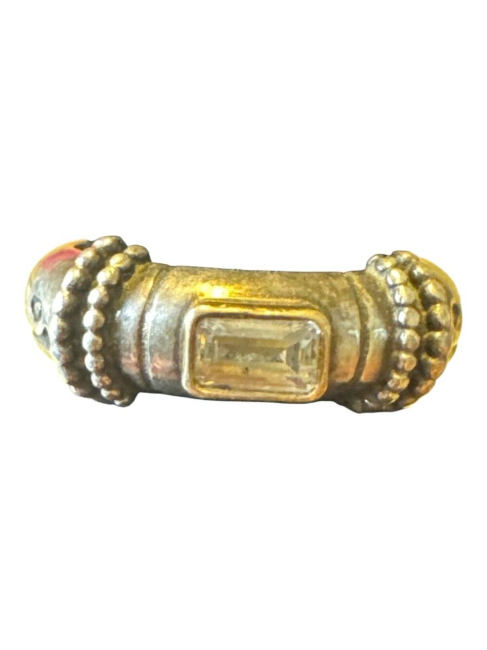 Vintage Sterling Silver Ring With Bezel-Set Rectangular Gemstone & Beaded Accent